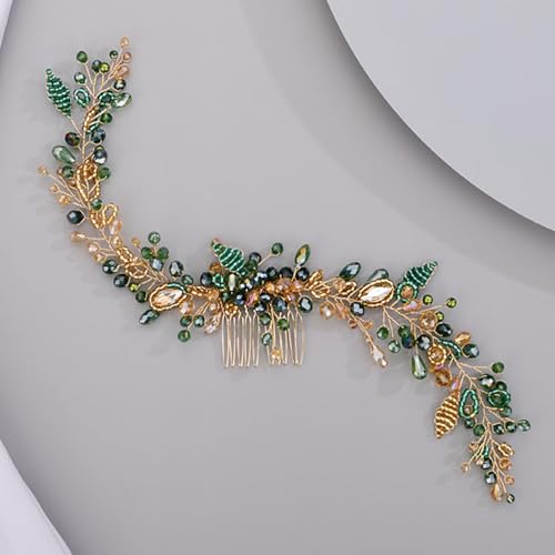 Chargances Wedding Crystal Beaded Hair Vine Comb Bridal Long Pearl Leaf Hair Vine Comb Green Rhinetone Handmade Headpiece Hair Accessories for Wedding Prom Flower Girl (Green-gold) - color: Green-gold