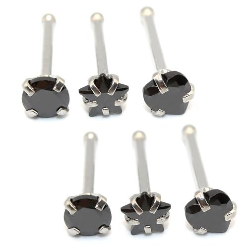 6-Piece Nose Piercing Studs Set, 20G Stainless Steel Nose Studs, 3mm Crystal Heart Star Round Shapes, 0.8x7mm Bone - color: Black