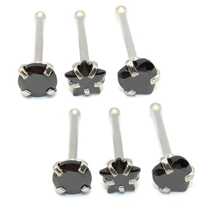6-Piece Nose Piercing Studs Set, 20G Stainless Steel Nose Studs, 3mm Crystal Heart Star Round Shapes, 0.8x7mm Bone - color: Black