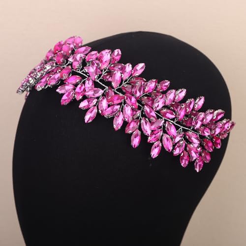 Missgrace Women Silver Green Black Red Blue Handmade Full Crystal Rhinestone Large Headband Hair Vine Shinny Headpiece Bridal Wedding Hair Accessories for Women (Rose Red) - color: Rose Red