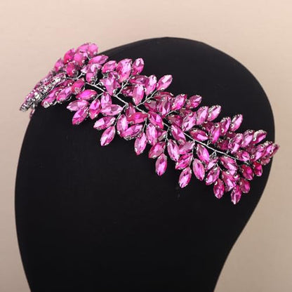 Missgrace Women Silver Green Black Red Blue Handmade Full Crystal Rhinestone Large Headband Hair Vine Shinny Headpiece Bridal Wedding Hair Accessories for Women (Rose Red) - color: Rose Red