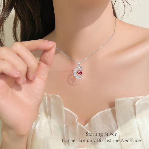 TOUPOP Moon and Star Birthstone Necklace for Women 925 Sterling Silver Celtic Moon Jewelry Birthday Mothers Day Gifts for Mom Wife Her - color: 01-January-Garnet