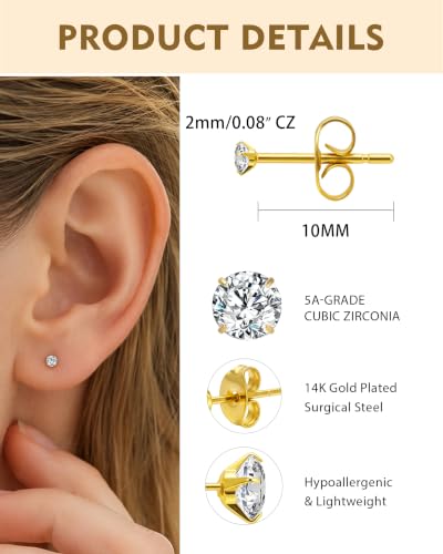 5/10 Pairs Silver Gold Small Stud Earrings Set Surgical for Women | 2 mm 0.08" Cubic Zirconia, 14K Gold Plated 316L Stainless Steel, Hypoallergenic, CZ Multiple Piercing Earring - color: Gold-5 pair/2mm