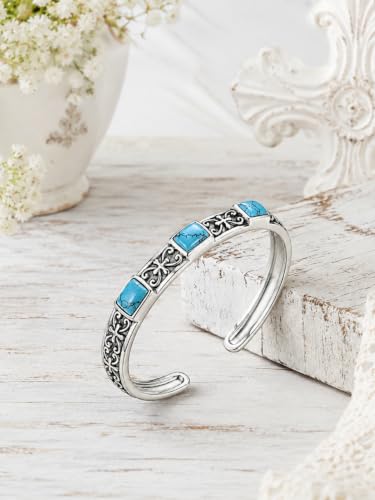 Native American Genuine Turquoise Cuff Bracelet for Women, 925 Sterling Silver Turquoise Boho Bangle, Adjustable Open Cuff Fits 6-7.5 Inches - style: Cross
