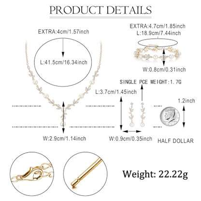 EVER FAITH Cubic Zirconia Pearl Leaf Bridal Jewelry Set for Bride Women | White Wedding Prom Necklace Dangle Earrings Bracelet, for Bridesmaid - color: Marquise_Gold-Plated-Brass