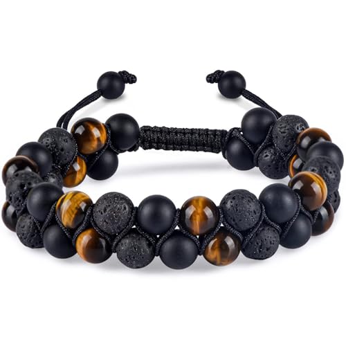 Triple Protection Bracelet & Healing Crystals Tiger Eye Beads Bracelet for Men Women, Natural Stone Bracelets for Men - style: Tigers Eye Black Obsidian Lava Style - A