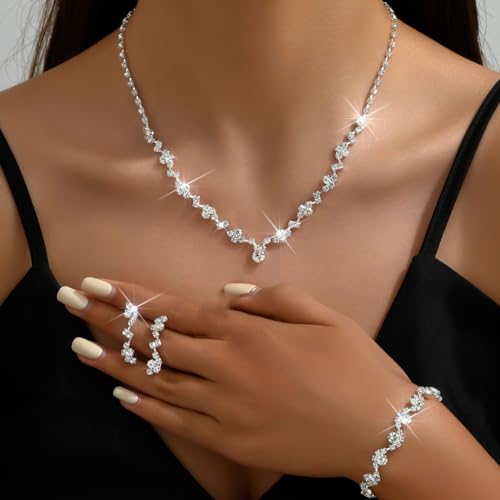 Prom Earrings Necklace Bracelet Set Elegant Crystal Rhinestone Necklace Earrings Bracelet Bridal Wedding Prom Dresses Costume Outfit Gold Jewelry Sets for Women - color: Silver