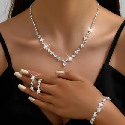 Prom Earrings Necklace Bracelet Set Elegant Crystal Rhinestone Necklace Earrings Bracelet Bridal Wedding Prom Dresses Costume Outfit Gold Jewelry Sets for Women - color: Silver