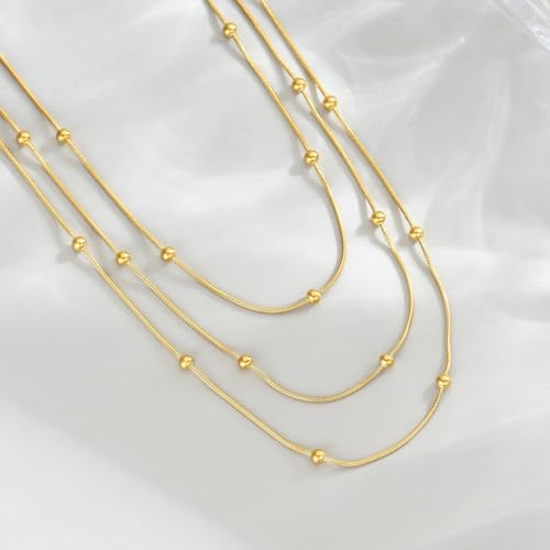 18K Gold Plated Layered Herringbone Necklaces for Women Dainty Layering Beaded Snake Chain Choker Moon Coin Pendant Necklace Trendy Stainless Steel Jewelry - color: Trible Round Bead-Gold