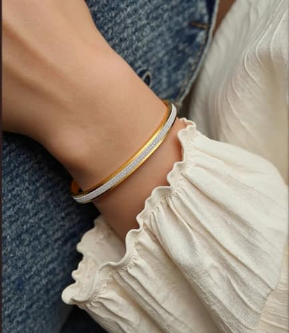 MYNENEY Womens Bracelets Stainless Steel Pave Cubic Zironia Stackable - color: 2 Row Crystal Gold, size: 7 Inch