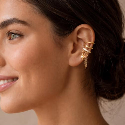 14K Gold Plated Layered Chunky Ear Cuff for Women Thick Ear Clips | Ear Cuff Earrings for Women,Hammered Texture design，Lightweight Hypoallergenic Ear Clips，trendy Jewelry for Daily Party Prom - color: gold 3