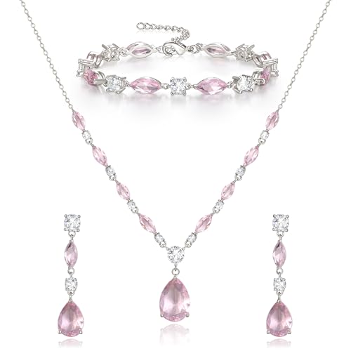 Teardrop Marquise Cubic Zirconia Wedding Prom Jewelry Set for Women Bridal | Silver/Gold/Rose Gold Plated, Pear Cut Pendant Necklace Drop Earrings Link Bracelet, for Bride Bridesmaid, for Banquet Party - style: B_Three Set, Pink Silver-Tone (Teardrop)