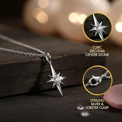 HOPE LOVE SHINE Women's New Beginnings Necklace - 14k Gold Plated Sterling Silver, Healing & Recovery Gift, Adjustable 16+2" Chain - color: STERLING SILVER, style: f. NORTH STAR
