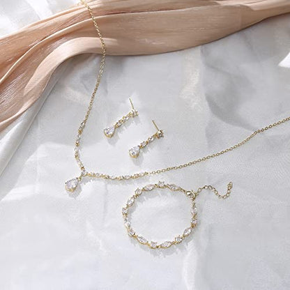 Teardrop Marquise Cubic Zirconia Wedding Prom Jewelry Set for Women Bridal | Silver/Gold/Rose Gold Plated, Pear Cut Pendant Necklace Drop Earrings Link Bracelet, for Bride Bridesmaid, for Banquet Party - style: B_Three Set, Gold (Teardrop)
