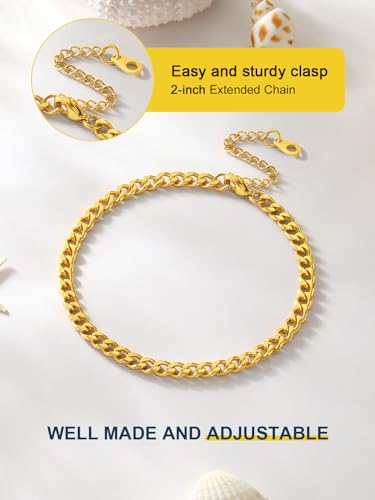 ChainsPro Resizable Anklet Chain for Women Men, Figaro/Wheat/Twist Rope/Cuban Foot Bracelet-Strong with Good Clasp-18K Gold Plated(Send Gift Box) - color: 06:curb-Gold Plated-4.8mm