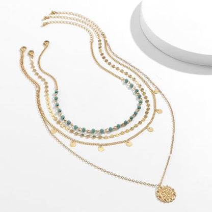 Gold Layered Necklace for Women Summer Boho Layered Stacked Pendant Necklace Country Concert Necklace Turquoise Coin Long Necklace - color: A