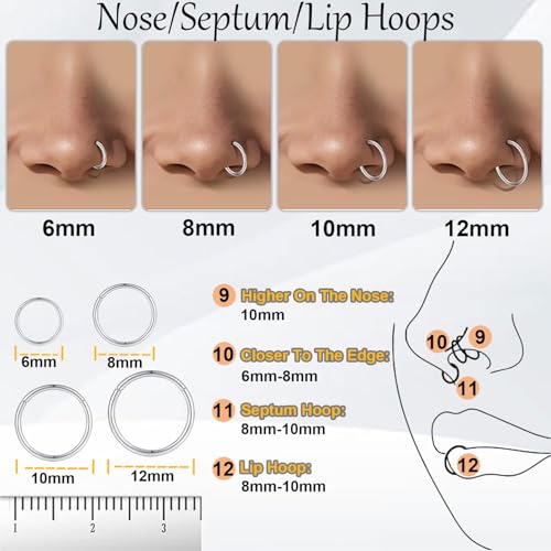 Nose Rings 20G 18G 16G 316L Surgical Steel Hinged Clicker Segment Nose Hoop Helix Cartilage Daith Tragus Sleeper Earrings Body Lip Piercing Jewelry for Women Men 6mm 7mm 8mm 10mm 12mm - style: 07:Silver-16G*6/8/10/12mm(8pcs)