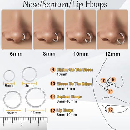 Nose Rings 20G 18G 16G 316L Surgical Steel Hinged Clicker Segment Nose Hoop Helix Cartilage Daith Tragus Sleeper Earrings Body Lip Piercing Jewelry for Women Men 6mm 7mm 8mm 10mm 12mm - style: 04:Silver-20G*6/8/10mm(6pcs)