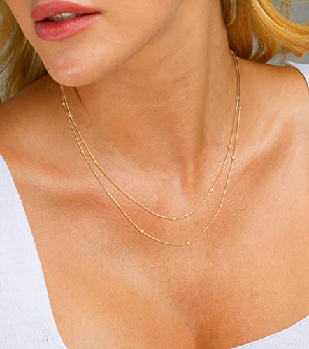 CHESKY 14K Gold Plated Silver Dainty Satellite Choker Necklace for Women | Layered Beaded Chain Necklace, Thin Choker Jewelry, Dainty Gold necklace, Minimalist Trendy Jewelry, Daily Gift for Women - style: 2layerSatellite-GD
