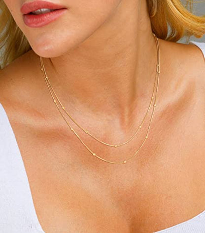 CHESKY 14K Gold Plated Silver Dainty Satellite Choker Necklace for Women | Layered Beaded Chain Necklace, Thin Choker Jewelry, Dainty Gold necklace, Minimalist Trendy Jewelry, Daily Gift for Women - style: 2layerSatellite-GD