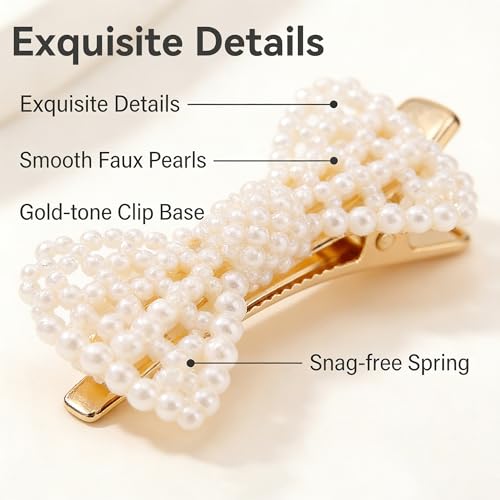 Hair Clips for Women, Faux Pearl Bow Barrette with Metal Spring Grip, 1 Piece Bowknot Style for Daily Wear, Work Events, and Photo Outfits