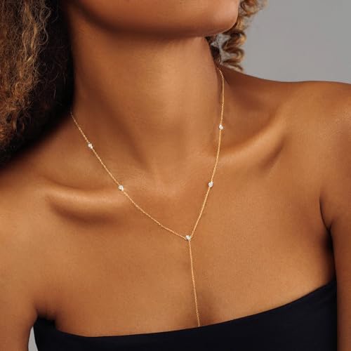 Foxgirl Lariat Gold Necklace for Women, Dainty Long Necklace 14k Gold Plated/Silver Y-Shaped Pendant Necklace Trendy Layered Cz Beaded Chain Drop Necklaces Simple Gold Jewelry For Women Gift | Layered Beaded Drop Design, Long Y-Shaped Chain for Wedding or