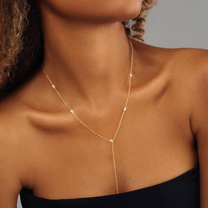 Foxgirl Lariat Gold Necklace for Women, Dainty Long Necklace 14k Gold Plated/Silver Y-Shaped Pendant Necklace Trendy Layered Cz Beaded Chain Drop Necklaces Simple Gold Jewelry For Women Gift | Layered Beaded Drop Design, Long Y-Shaped Chain for Wedding or