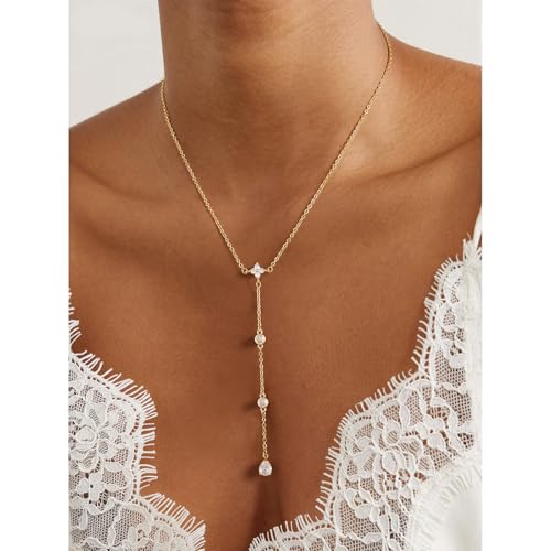 14K Gold Plated Layered Lariat Necklace for Women - Waterproof Non-Tarnish Dainty Gold Chain Necklace, Long Boho Statement Jewelry for Wedding, Prom, Summer Vacation Gifts - color: Four CZ Y Necklace-Gold