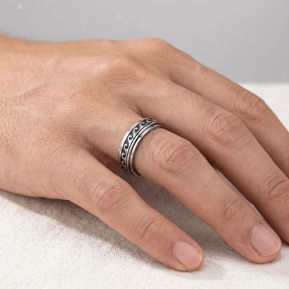 Wave Spinner Ring For Women, Summer Ocean Nautical Pattern Anti-Anxiety Fidget Two Tone Stainless Steel Jewelry Gift - color: Wave Spinner 8