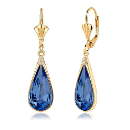Teardrop Austrian Crystal Leverback Dangle Drop Earrings for Women | 14K Gold Plated,Classic Teardrop Elegance,Leverback for Easy Secure Wear,Gift Box Included, Brighten Up Daily and Party Looks - color: Bermuda Blue