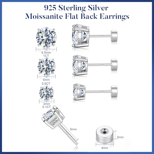 Moissanite Flat Back Earrings, 0.2-2ct Lab Created Moissanite | 925 Sterling Silver, VVS1 Clarity, Screw Back, Hypoallergenic, Elegant Gift Packed, Birthday Gifts, Wearable While Sleeping - color: Round, size: 0.2ct.tw(0.1ct*2)