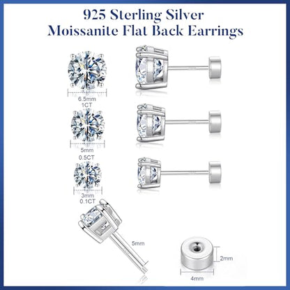 Moissanite Flat Back Earrings, 0.2-2ct Lab Created Moissanite | 925 Sterling Silver, VVS1 Clarity, Screw Back, Hypoallergenic, Elegant Gift Packed, Birthday Gifts, Wearable While Sleeping - color: Round, size: 0.2ct.tw(0.1ct*2)