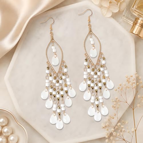 Boho Chandelier Earrings, Beaded Tasse Dangle Earring for Women, Red, Black, Blue, White, Colorful Long Earrings - color: White