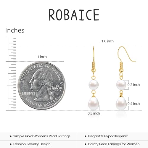 Robaice Pearl Earrings for Women, 14K Gold Plated Dangle Drop Earrings | Small Pearl Drop Huggie Hoop Earrings, Hypoallergenic Dainty Gold Earrings, Wedding Jewelry Gifts for Women Trendy - style: gold two pearl earrings