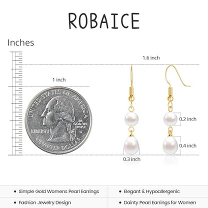 Robaice Pearl Earrings for Women, 14K Gold Plated Dangle Drop Earrings | Small Pearl Drop Huggie Hoop Earrings, Hypoallergenic Dainty Gold Earrings, Wedding Jewelry Gifts for Women Trendy - style: gold two pearl earrings