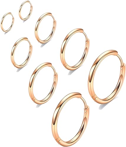 316L Surgical Stainless Steel Huggie Hoop Earrings 6mm 8mm 10mm 11mm 12mm 14mm Hypoallergenic Earrings Hoop Cartilage Helix Lobes Hinged Sleeper Earrings For Men Women - style: "(D6/8/10/12) THK 1.5mm U Rose GOLD"