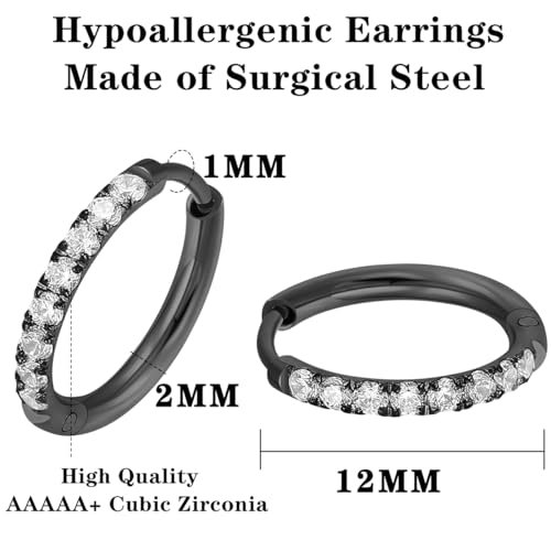 316L Surgical Steel Huggie Hoop Earrings | Dainty Pave Cubic Zirconia Cartilage Tiny Earring for Sensitive Ears Hypoallergenic Lightweight for Women Men - style: Black,20G*12mm