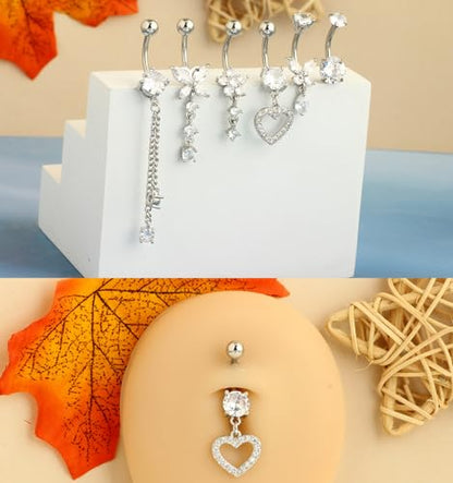 TIANCI FBYJS Surgical Stainless Steel Dangle Belly Button Rings for Women Belly Ring Dangling Piercing Jewelry with Heart Flower Butterfly Silver 14G - color: silver