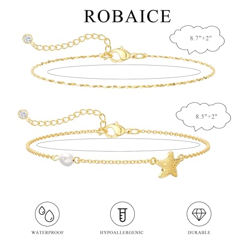 Robaice Anklets for Women, 14K Gold Plated Layered Ankle Bracelets | Waterproof Figaro Link Pearl Anklet, Ankle Bracelets for Women Stackable, Summer Beach Jewelry Gifts Non Tarnish - style: Gold Starfish Anklet