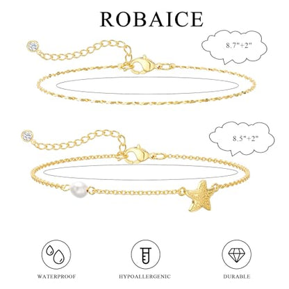Robaice Anklets for Women, 14K Gold Plated Layered Ankle Bracelets | Waterproof Figaro Link Pearl Anklet, Ankle Bracelets for Women Stackable, Summer Beach Jewelry Gifts Non Tarnish - style: Gold Starfish Anklet