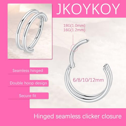 Cartilage Earring Hoop 316L Surgical Steel Conch Piercing Jewelry 16/18G Double Rows Nose Rings Hoops Hinged Segment Clicker Helix Rook Daith Piercing Jewelry 6/8/10/12mm - color: D1-Silver, size: 16G-6mm