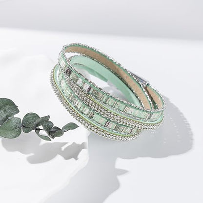 Boho Double Wrap Leather Bracelets Stackable Layered Western Hippie Jewelry | Colorful Stacked Bohemian Statement Chunky Magnetic Clasp Cuff Bangles Cowgirl Country Summer Beach Outfits for Women Trendy - color: Green