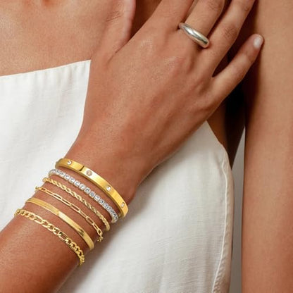 MOINSPIRE Bracelets for Women Non Tarnish, Dainty 18K Gold Plated Bracelets Stack Trendy Waterproof Stackable Bangles, Cuban Link Paperclip Chain Jewelry Set Fashion Accessories Gifts for Women - color: A2--Gold Tennis Ball+Bracelet