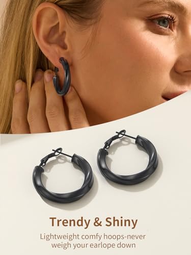 FindChic Twisted Hoop Earrings for Women, Silver/Black/14K Gold Plated Hypoallergenic Hollow Tube Rounded Loop Earrings, 30mm/40mm/60mm/80mm Hoops with Custom Name Options and Gift Box - color: a.Black, size: 30MM