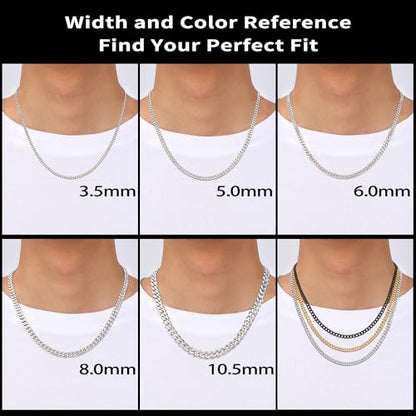 Fiusem 3.5mm Cuban Link Chains for Men, Silver Tone/Black/14K Gold Plated Stainless Steel Necklace Chain, Mens Necklace 16, 18, 20, 22, 24, 26, 28 Inch - size: 22 inches, style: a.3.5mm width-steel