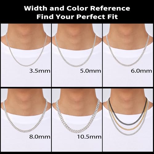Fiusem 3.5mm Cuban Link Chains for Men, Silver Tone/Black/14K Gold Plated Stainless Steel Necklace Chain, Mens Necklace 16, 18, 20, 22, 24, 26, 28 Inch - size: 28 inches, style: a.5mm width-steel