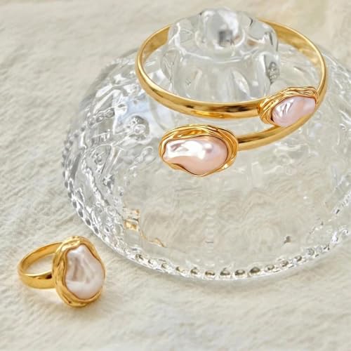 Vintage Irregular Pearl Bracelet Ring Set for Women, Chunky Cuff White Gold Matching Jewelry, Prom Fashion Accessories