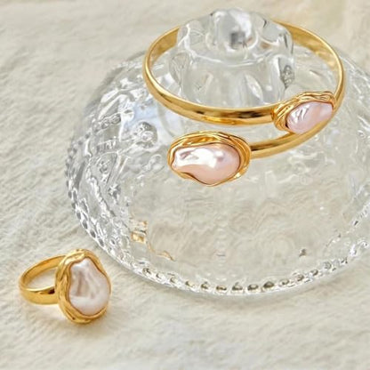 Vintage Irregular Pearl Bracelet Ring Set for Women, Chunky Cuff White Gold Matching Jewelry, Prom Fashion Accessories