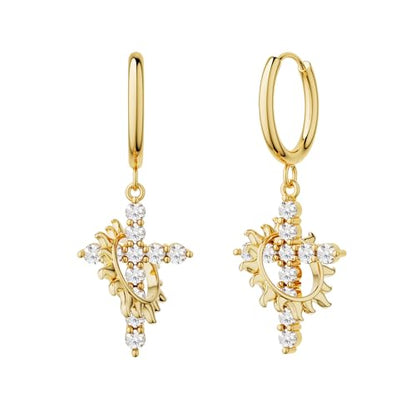 Gold Dangle Earrings for Women,Horseshoe Hoop Huggie Earrings with Heart Cubic Zirconia Hypoallergenic Lightweight Dangling Earrings Lucky Jewelry Gifts Perfect for Christmas,Birthday,Anniversary - style: Cross with Sun