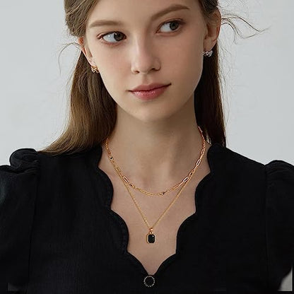 Gold Layered Necklaces for Women, 18k Gold Plated Crystal Necklace Paperclip Choker Emerald Green Jewelry for Women Gifts - color: Black